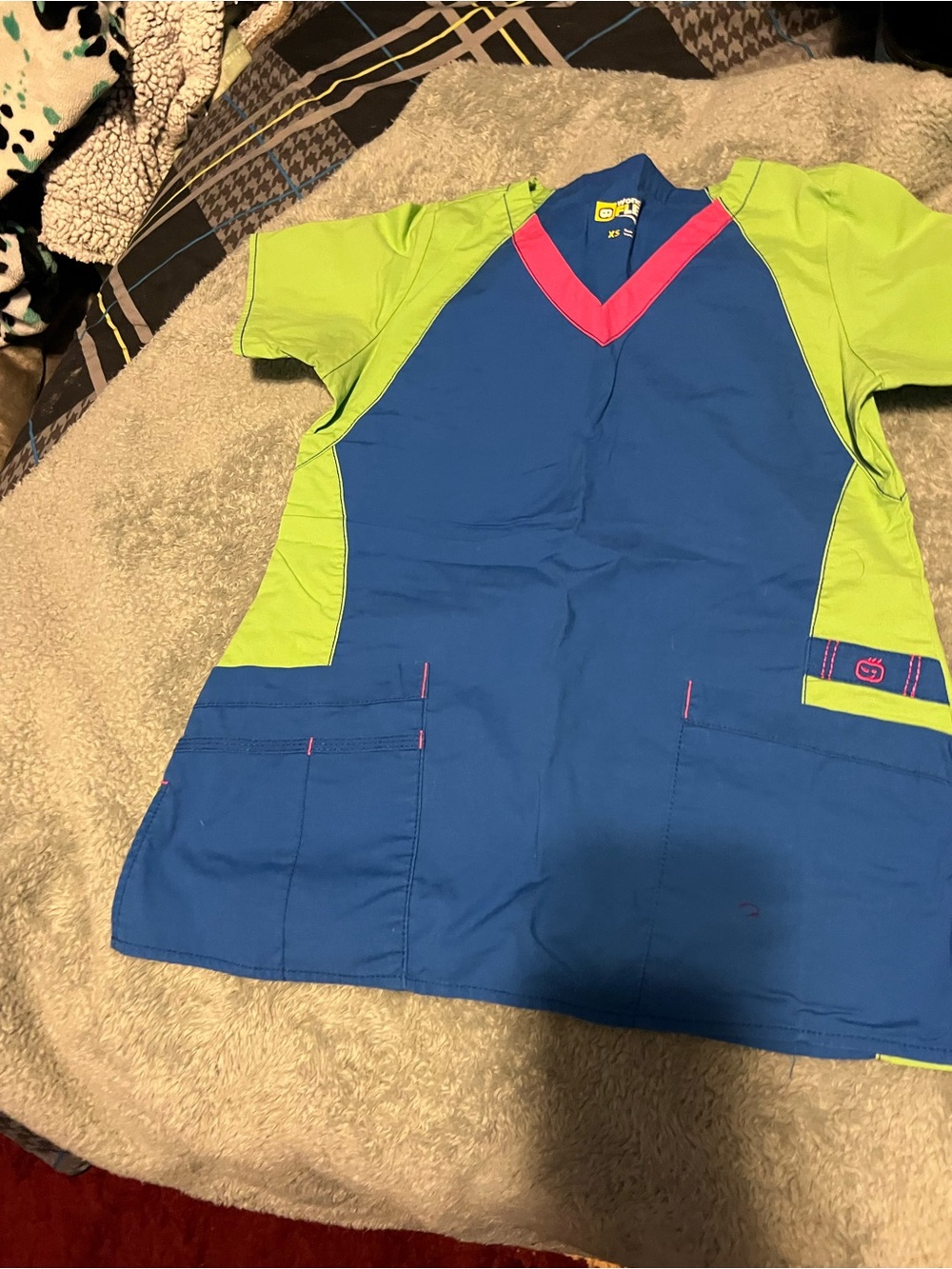 WonderWink Royal Blue and Lime Green V-Neck Scrub Top with Pink Trim